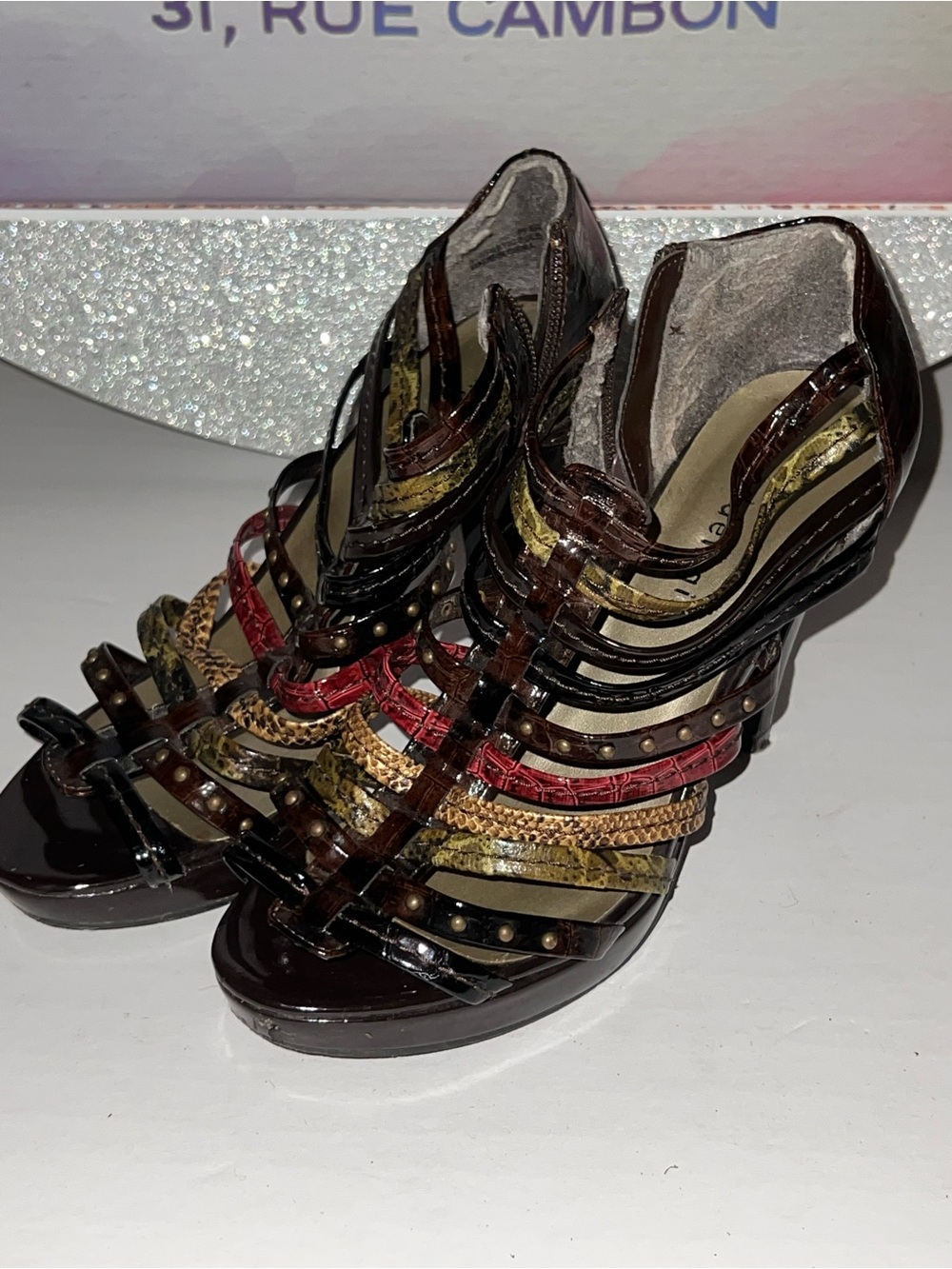 Madden Girl Multi-Strip Patent High Heel Sandals in Brown, Red & Gold